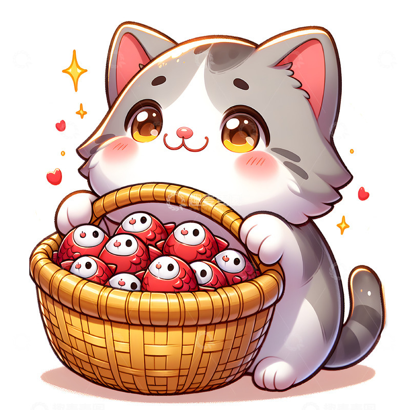 高清大图下载【趣麦麦图】抱着一筐小鱼的可爱小猫咪卡通风格