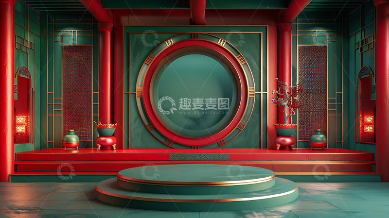 高清大图下载【趣麦麦图】中式电商背景绿色红色简约简单中国风