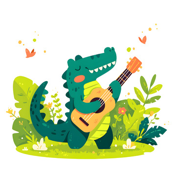 长嘴鳄鱼弹吉他卡通插画素材