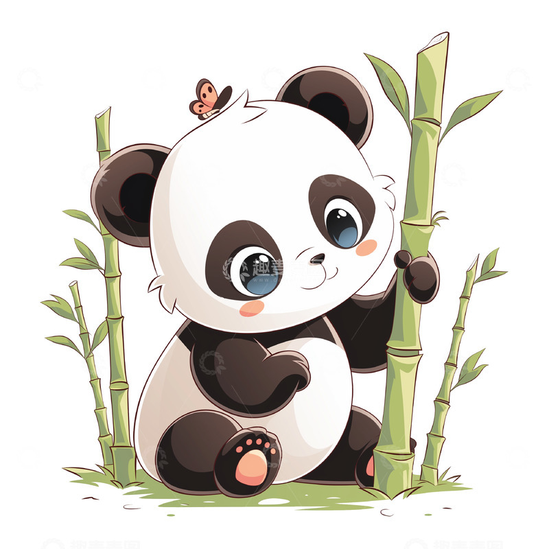 高清大图下载【趣麦麦图】手拿竹子的卡通熊猫插画素材