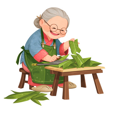 包粽子的老奶奶卡通插画