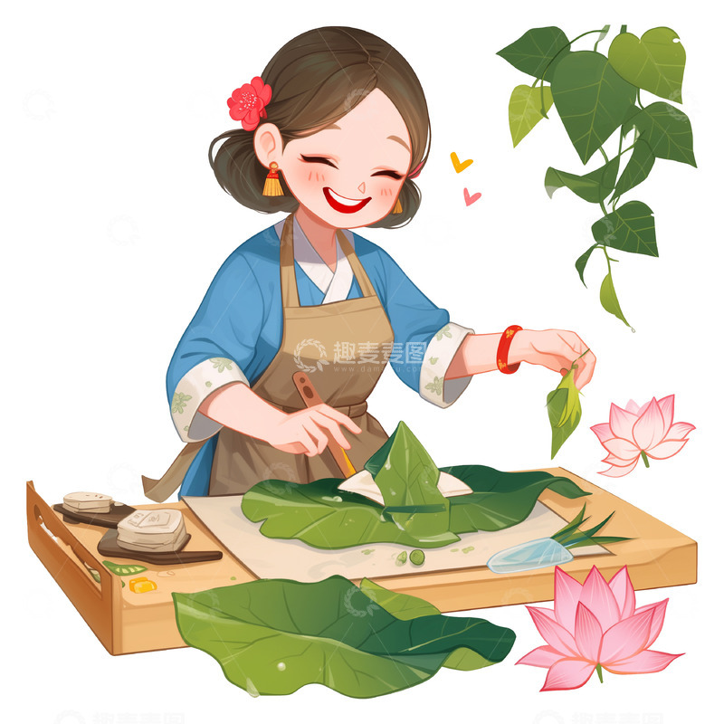 高清大图下载【趣麦麦图】包粽子场景卡通插画素材