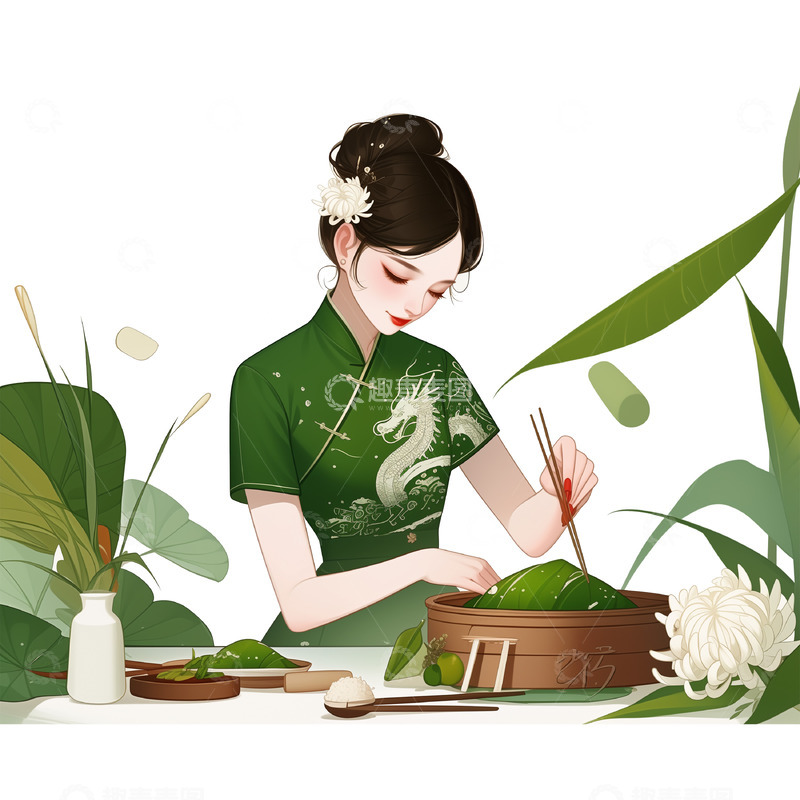 端午节吃粽子卡通插画风格素材