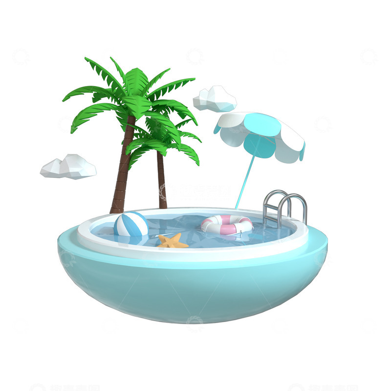 源文件下载【趣麦麦图】3d泳池沙发夏天球椰子树沙滩电商促销