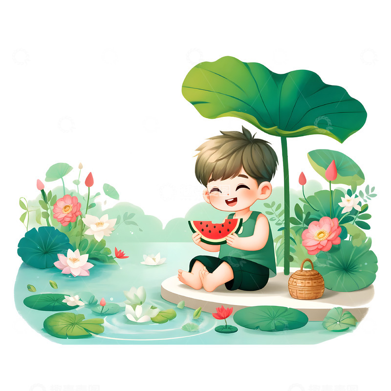 高清大图下载【趣麦麦图】夏季坐在荷叶下吃瓜的卡通人物素材