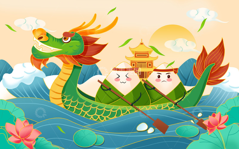 源文件下载【趣麦麦图】端午节龙舟插画