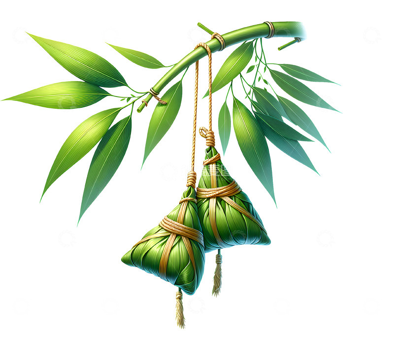 高清大图下载【趣麦麦图】挂在竹枝上的粽子插画素材