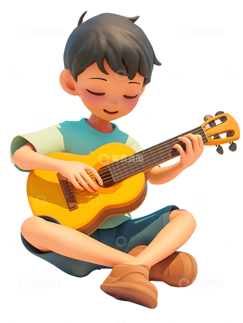 高清大图下载【趣麦麦图】练习弹吉他卡通小孩音乐男孩电吉他坐着