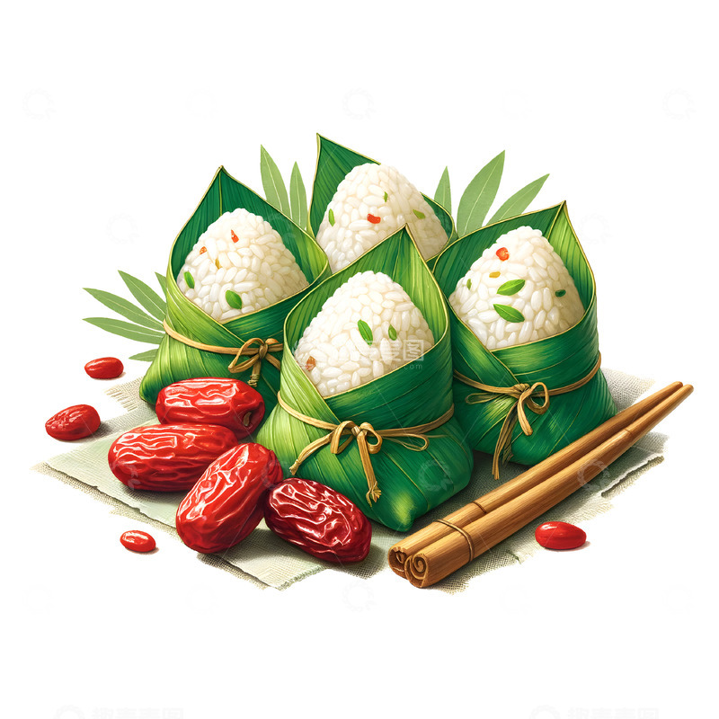 高清大图下载【趣麦麦图】-绿色米粽红枣卡通插画素材