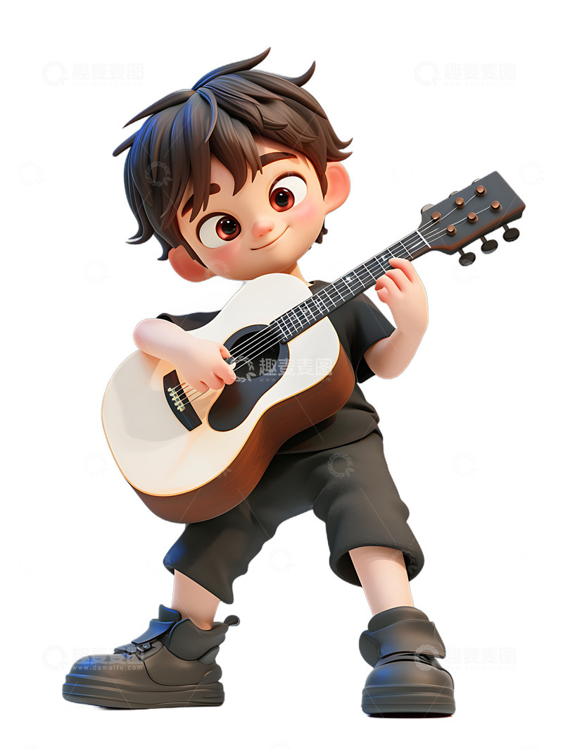 高清大图下载【趣麦麦图】练习弹吉他卡通小孩音乐男孩电吉他开心