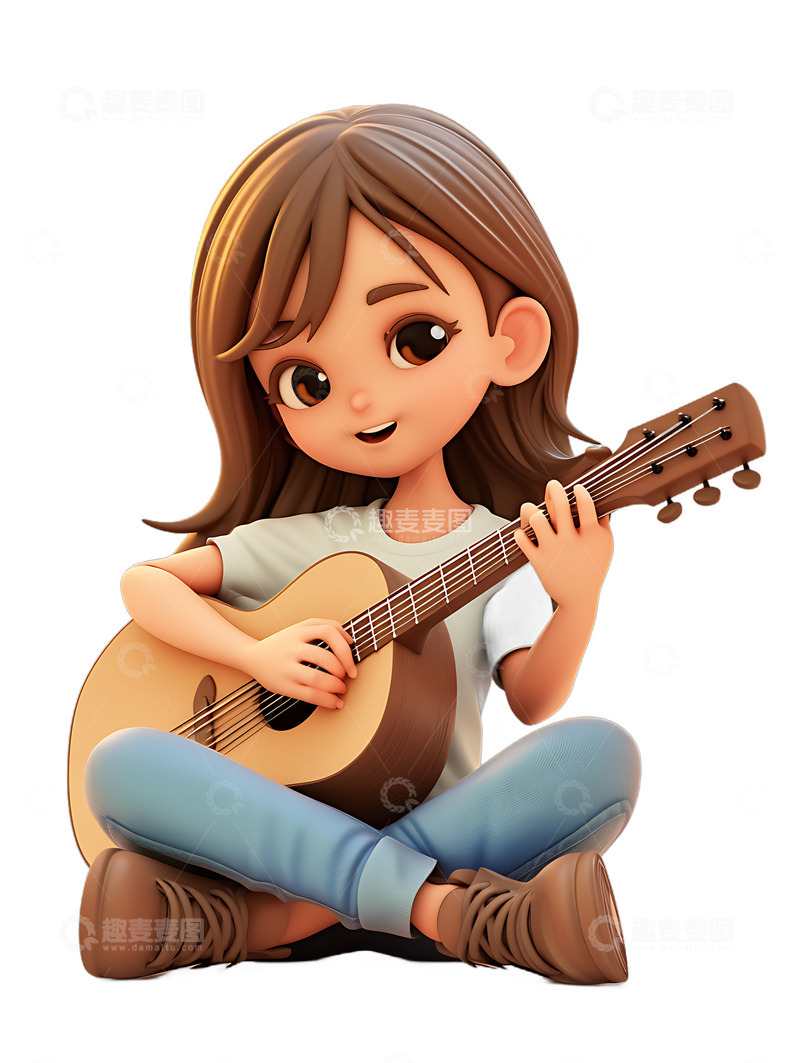 高清大图下载【趣麦麦图】练习弹吉他卡通小孩音乐女孩电吉他开心