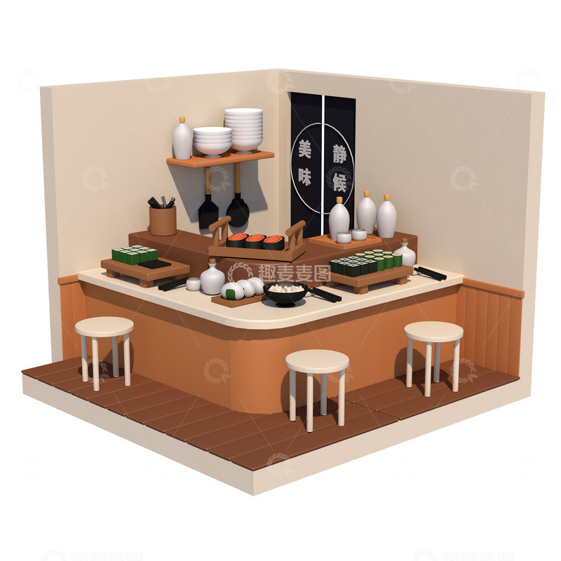 源文件下载【趣麦麦图】3D立体卡通美味寿司店模型
