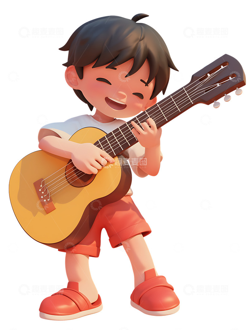 高清大图下载【趣麦麦图】练习弹吉他卡通小孩音乐男孩儿童节