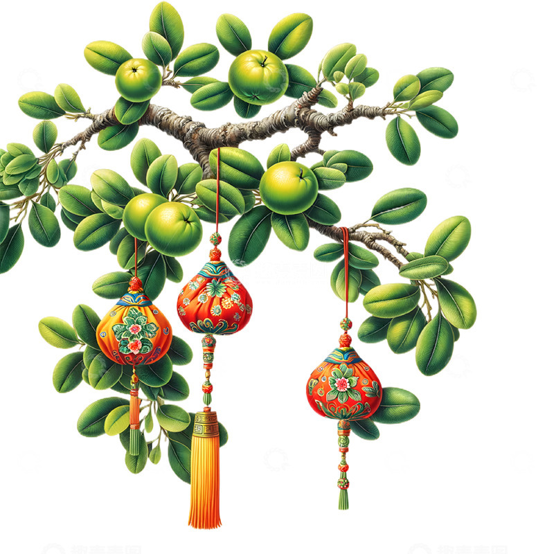 高清大图下载【趣麦麦图】梅树枝头挂端午香包插画素材