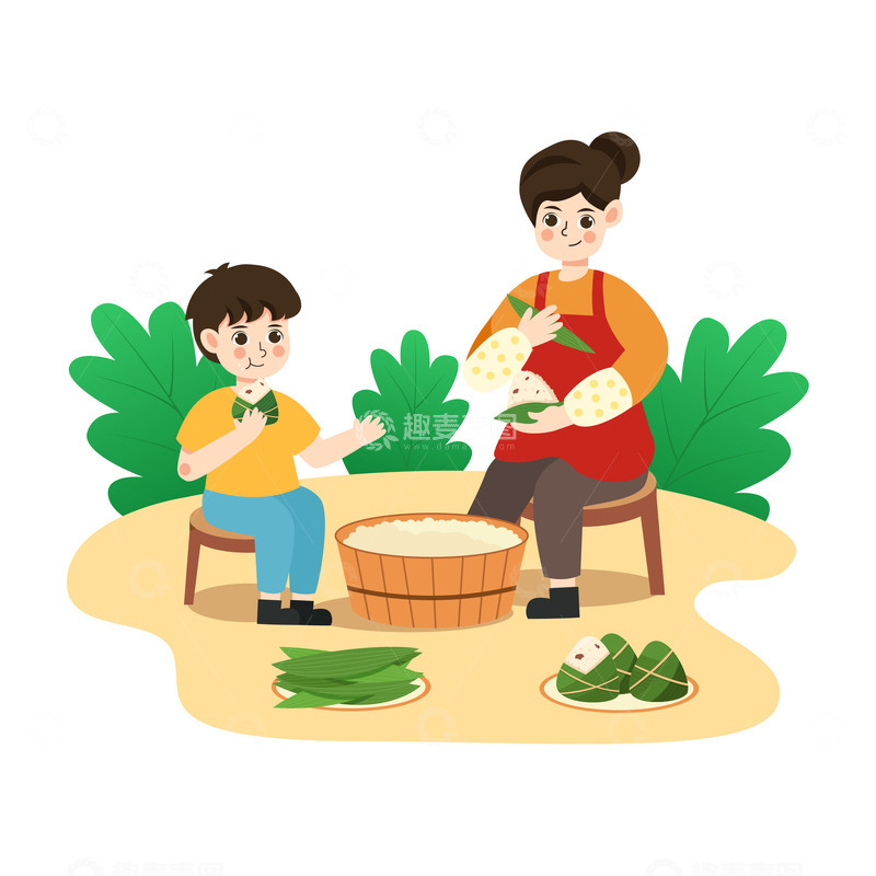 源文件下载【趣麦麦图】-卡通简约包粽子的人物元素