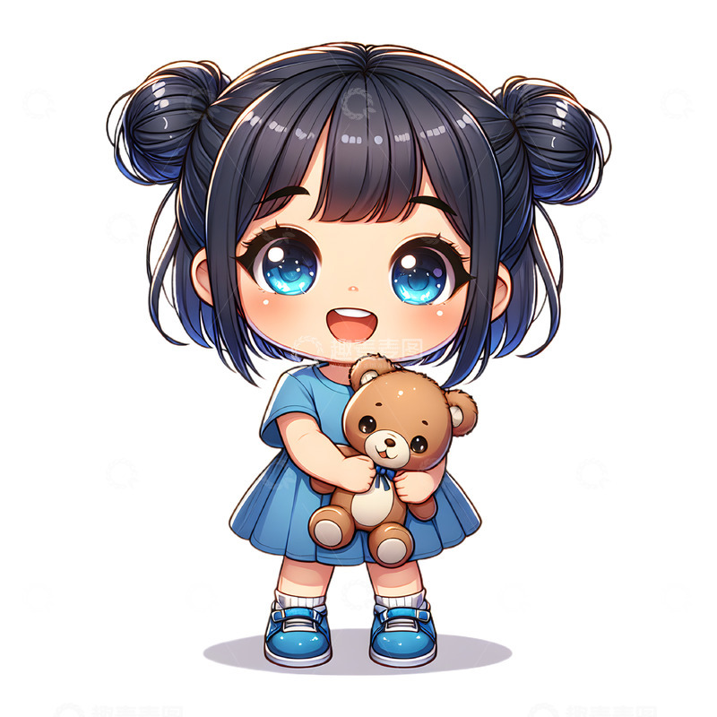 高清大图下载【趣麦麦图】-抱着小熊的可爱女孩卡通人物素材