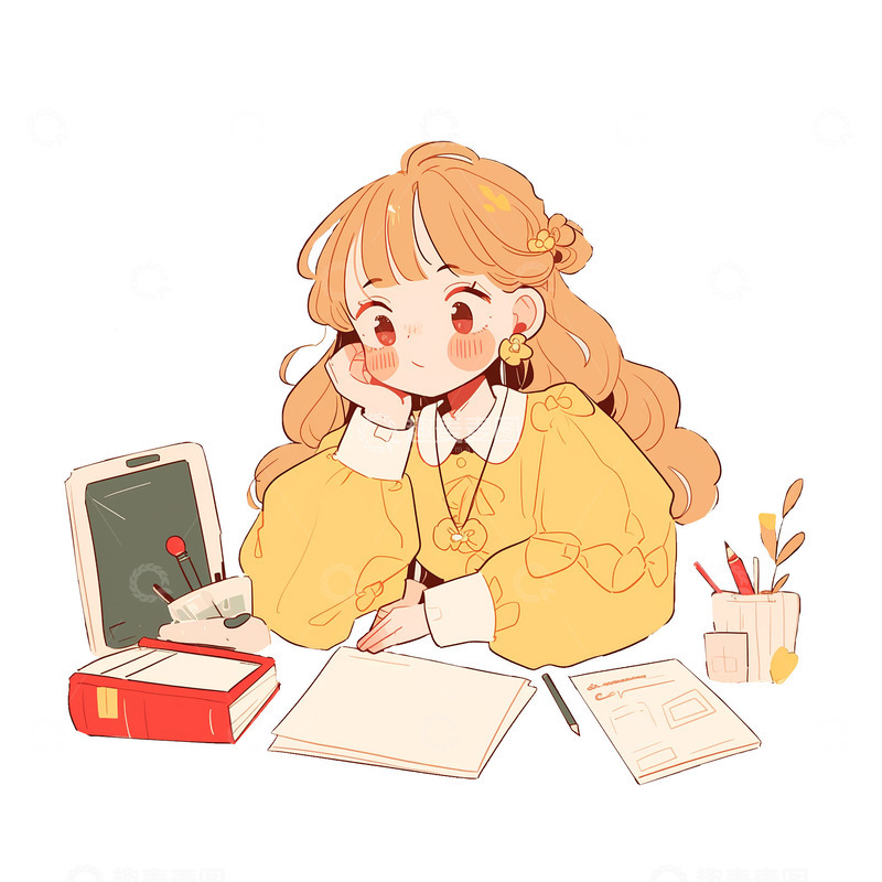 高清大图下载【趣麦麦图】在学习工作的可爱卡通女生