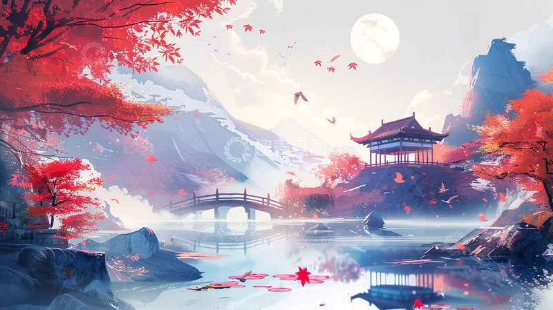 高清大图下载【趣麦麦图】红叶明月中国风场景插画背景