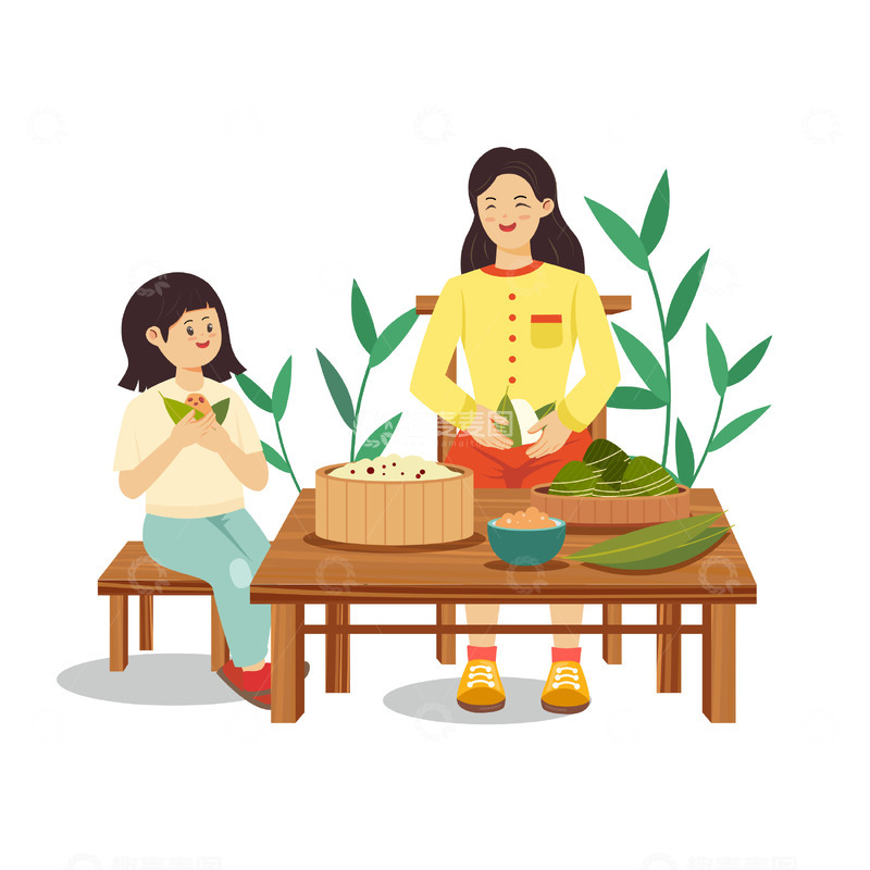 源文件下载【趣麦麦图】家人包粽子场景端午