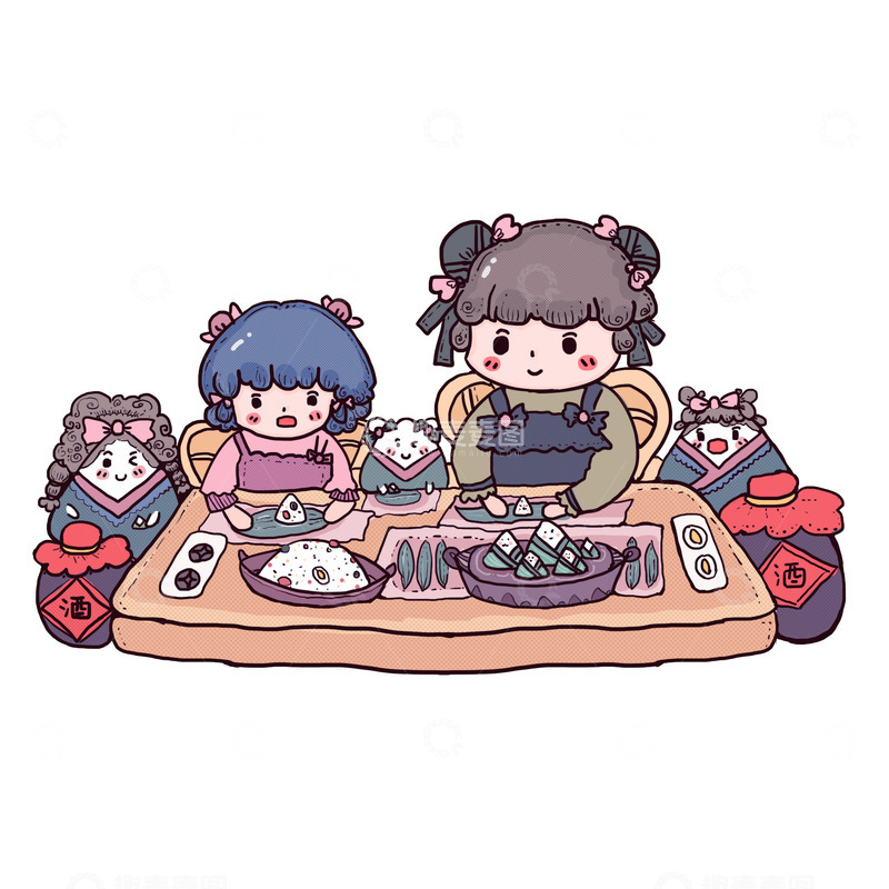 源文件下载【趣麦麦图】包粽子端午粽子家人包粽子场景红枣蛋黄