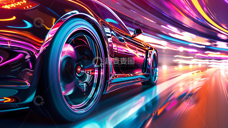 高清大图下载【趣麦麦图】赛博朋克车辆霓虹炫彩速度科技感背景