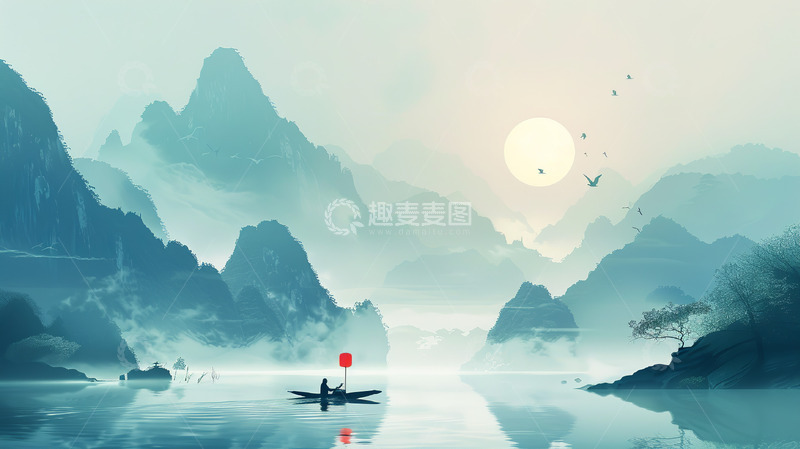 高清大图下载【趣麦麦图】中国风薄雾泛舟场景背景图