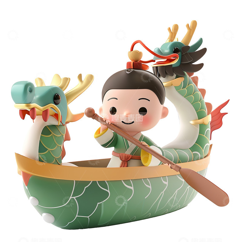 高清大图下载【趣麦麦图】创意粘土造型少年划龙舟模型