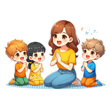 老师带孩子们歌唱卡通场景图