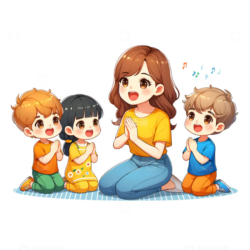 老师带孩子们歌唱卡通场景图
