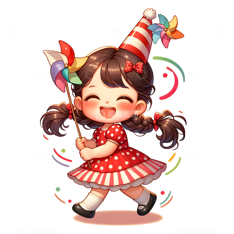 高清大图下载【趣麦麦图】儿童节可爱女孩手拿风车卡通人物素材