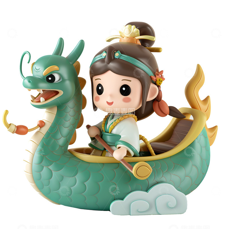 高清大图下载【趣麦麦图】少女端午节划龙舟素材