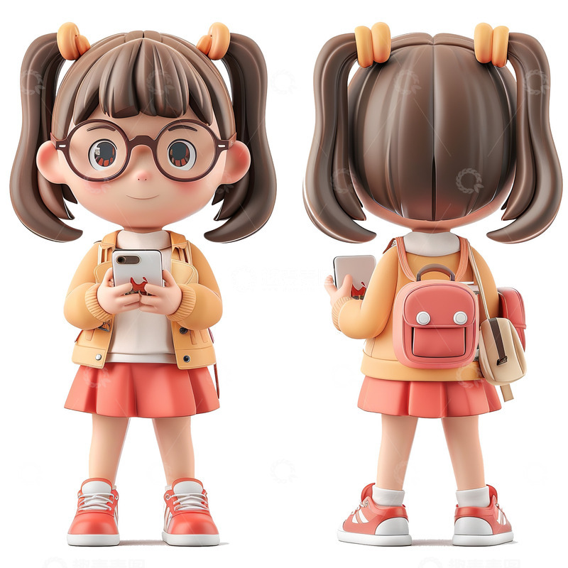 高清大图下载【趣麦麦图】3d双马尾女孩玩手机购物多角度素材