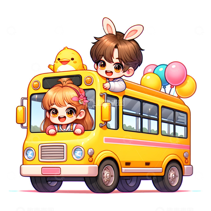 高清大图下载【趣麦麦图】儿童节外出郊游校车卡通人物素材