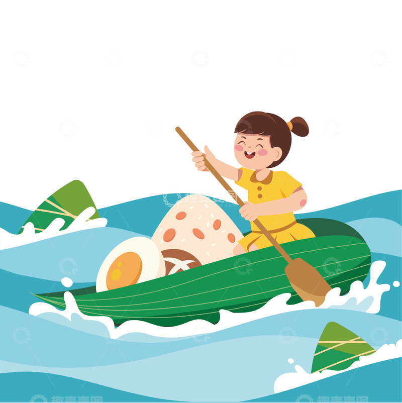 源文件下载【趣麦麦图】卡通人物和粽子划船