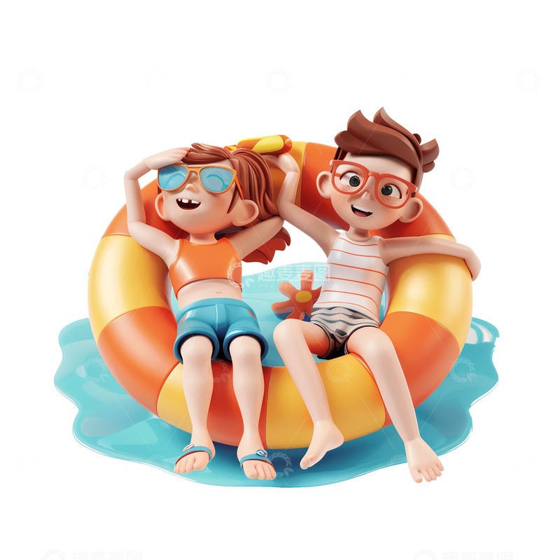 高清大图下载【趣麦麦图】3d夏日坐着游泳圈玩水的游客