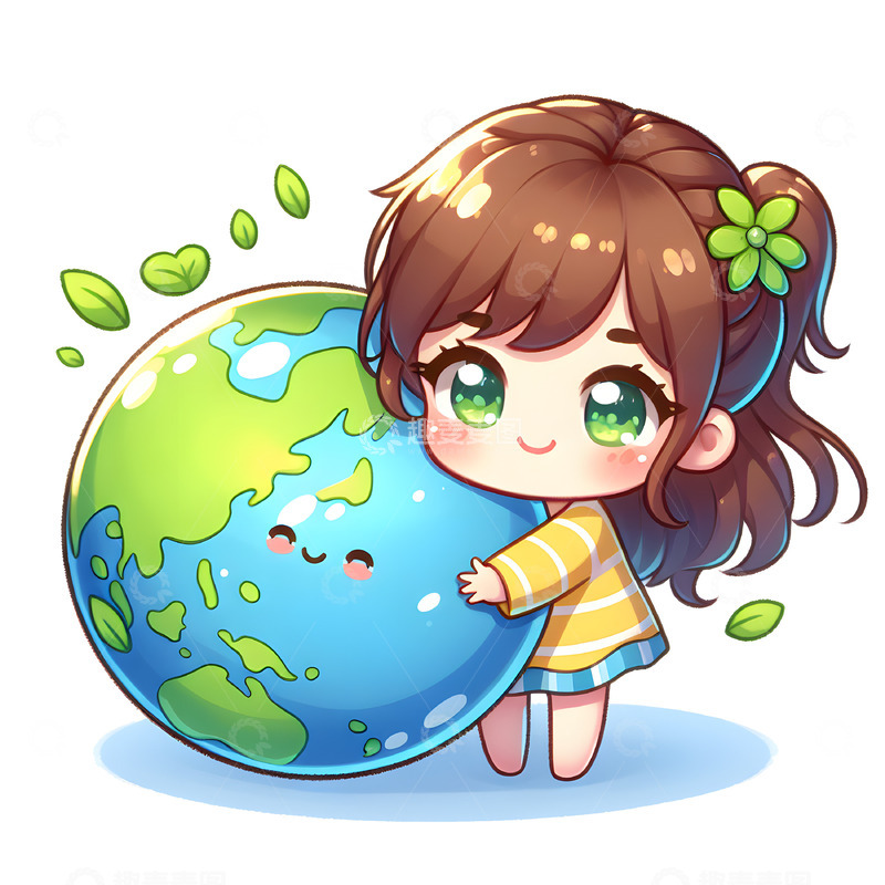 高清大图下载【趣麦麦图】卡通可爱女孩拥抱地球素材