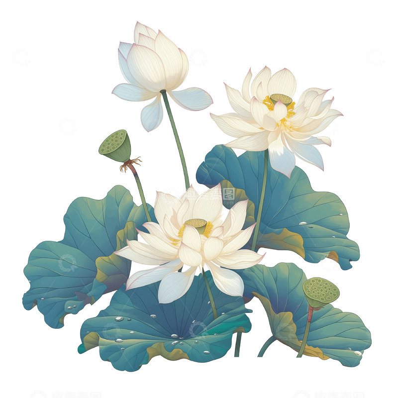 高清大图下载【趣麦麦图】中国荷花国风工笔画素材