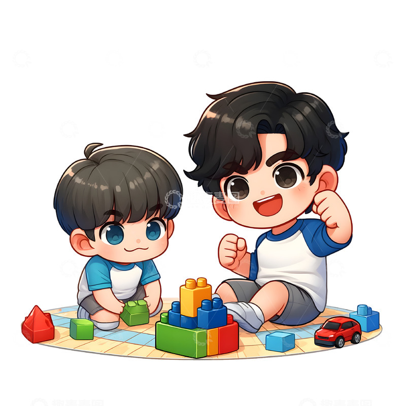 高清大图下载【趣麦麦图】儿童节两个玩积木的可爱男孩素材