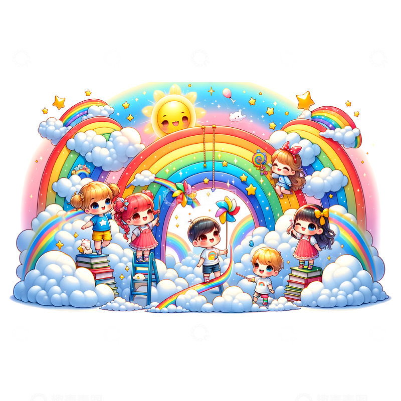 高清大图下载【趣麦麦图】儿童节彩虹云朵创意插画素材