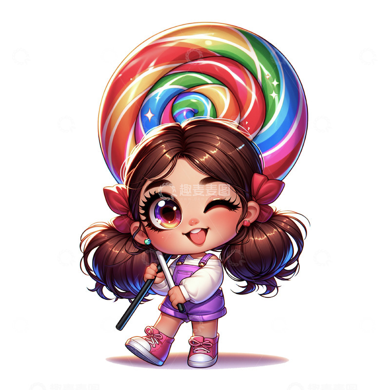 高清大图下载【趣麦麦图】扛着棒棒糖的可爱卡通女孩