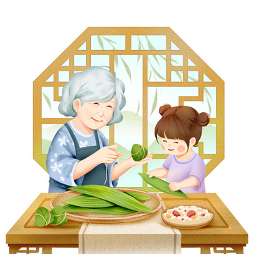 端午节温馨包粽子场景插画素材