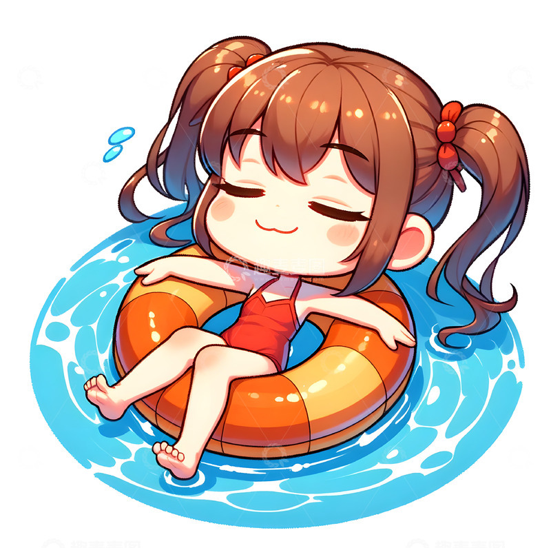 高清大图下载【趣麦麦图】卡通女孩躺在游泳圈上的场景素材