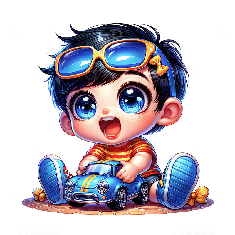 高清大图下载【趣麦麦图】儿童节卡通男孩玩玩具汽车素材