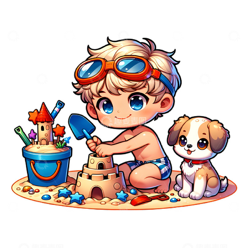 高清大图下载【趣麦麦图】卡通男孩玩沙子可爱男孩素材