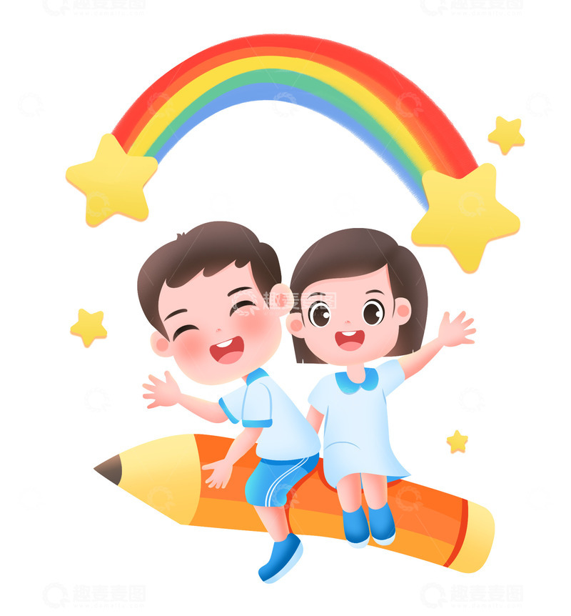 卡通可爱小男孩和女孩在铅笔上飞翔元素