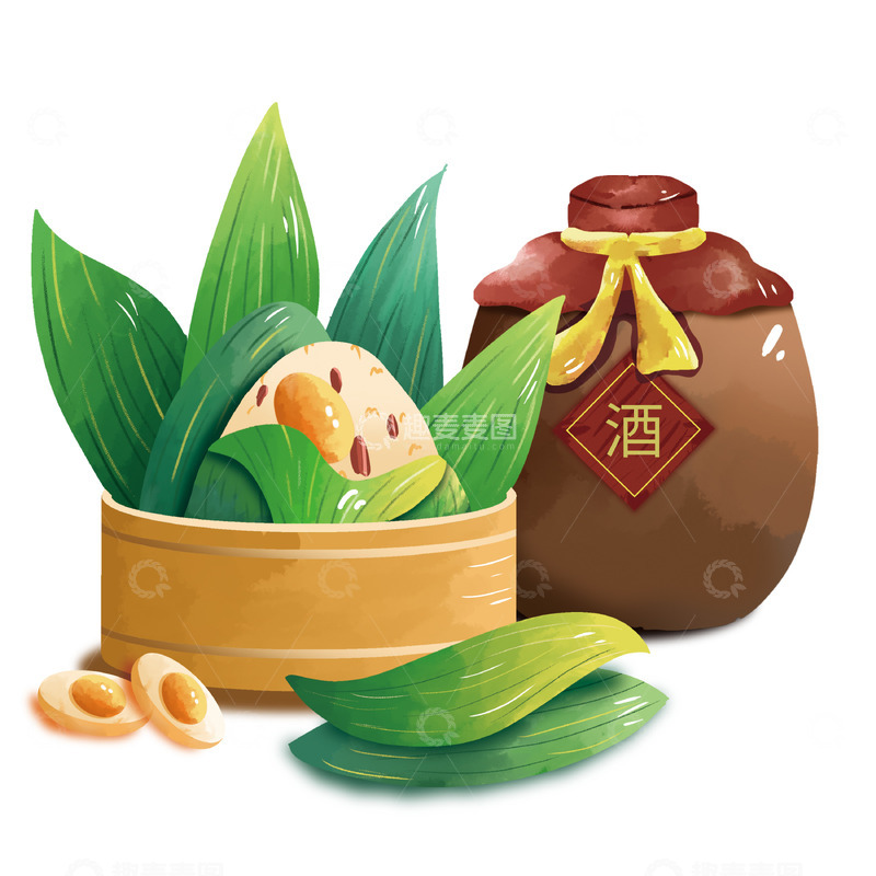 源文件下载【趣麦麦图】手绘端午节粽子蒸笼酒坛元素