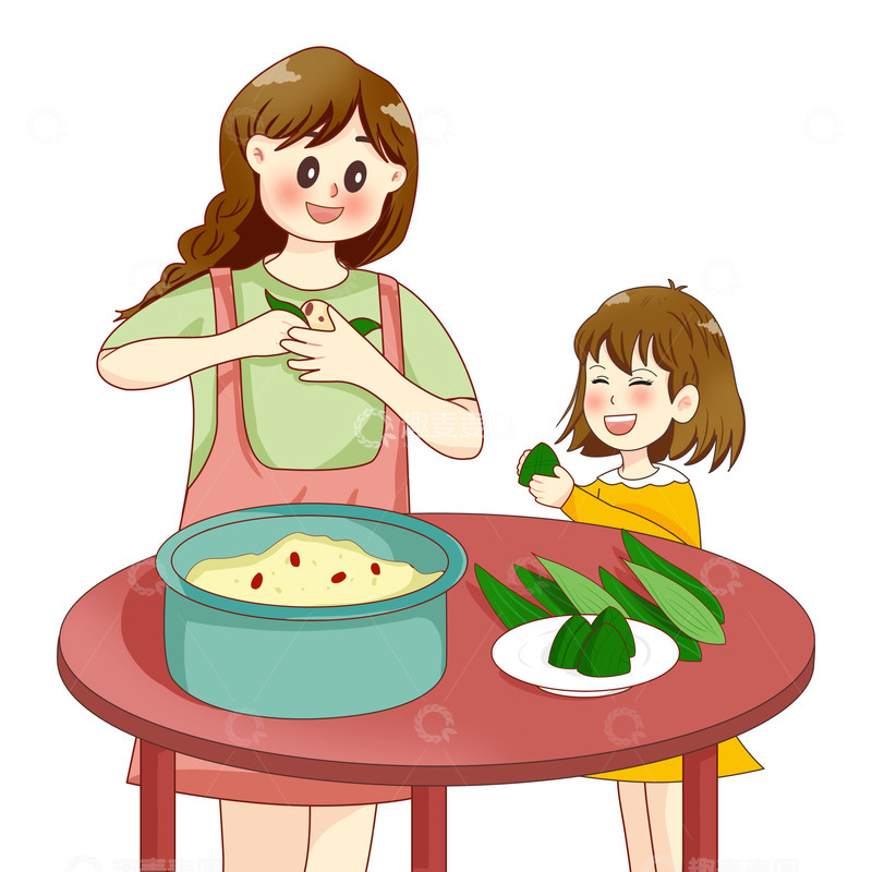 源文件下载【趣麦麦图】包粽子场景手绘插画