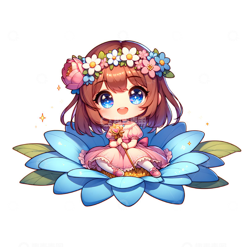 高清大图下载【趣麦麦图】坐在巨大鲜花里的可爱女孩素卡通人物素材