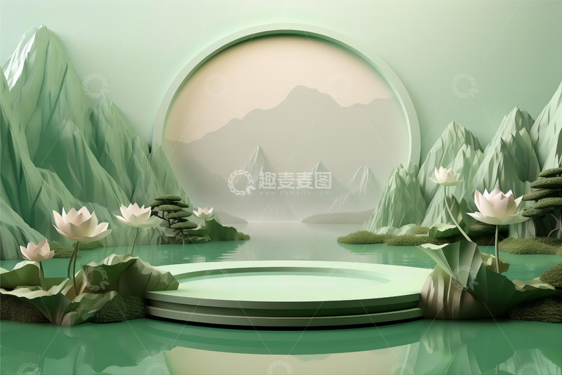高清大图下载【趣麦麦图】端午节绿色展台产品摆拍场景荷花中国风