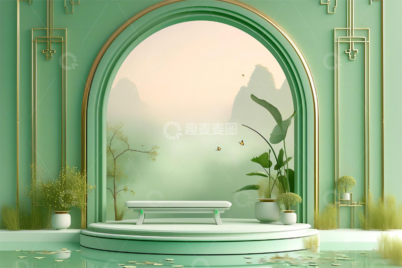 高清大图下载【趣麦麦图】端午节翠绿色3D立体展台高清背景中国风